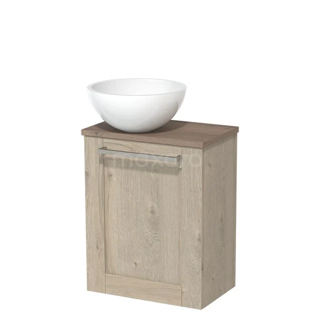 Toilet unit with countertop wash basin | 41 cm Light grey oak Front High-gloss white Mineral marble countertop wash basin Mid brown oak worktop TMK10-04584