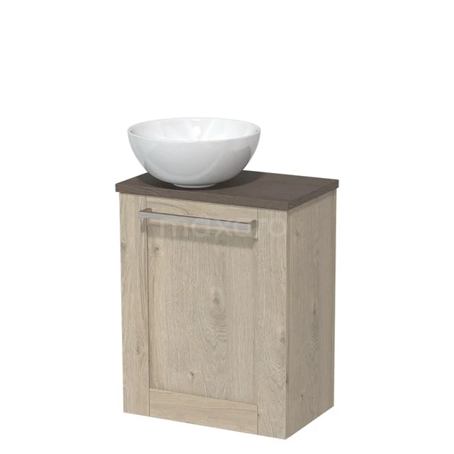 Toilet unit with countertop wash basin | 41 cm Light grey oak Fronts High-gloss white Ceramic countertop wash basin Dark brown oak worktop TMK10-06385