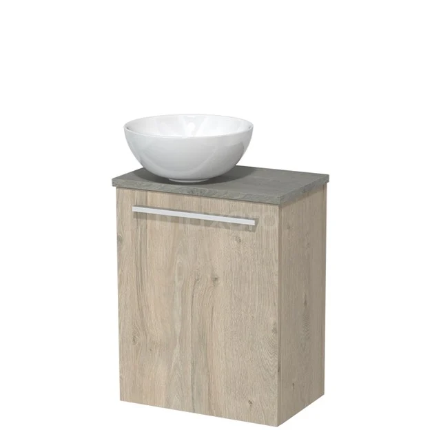 Toilet unit with wash basin | 41 cm Light grey oak Flat front High-gloss white Ceramic countertop wash basin Grey oak worktop TMK10-02043