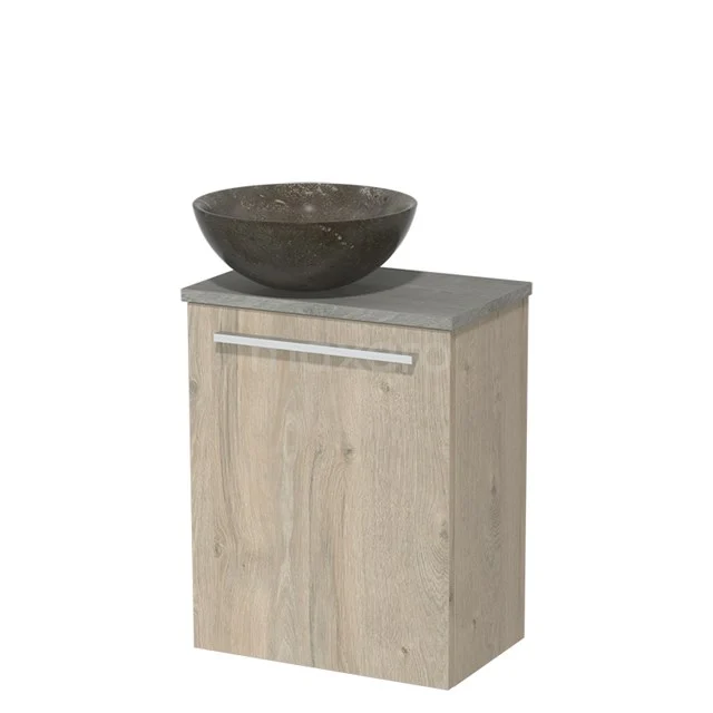 WC-Möbel mit Aufsatzwaschbecken | 41 cm hellgraue Eiche glatte Front Blaustein Naturstein Aufsatzwaschbecken graue Eiche TMK10-02044 Holz-Badmöbel mit grauer Waschtischplatte und dunklem Steinaufsatzwaschbecken. Kompaktes Design für einen modernen Badezimmerstil.