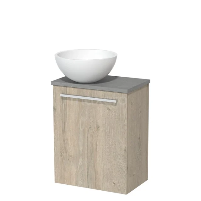 Wooden bathroom cabinet with grey worktop and white bowl-shaped sink, ideal for a modern and attractive bathroom design.