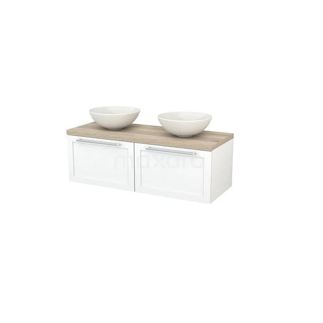 White bathroom unit with wooden worktop, double countertop wash basin and modern drawers, ideal for stylish bathroom design.