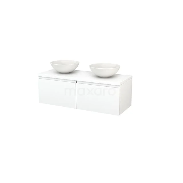 White modern bathroom furniture set with two ceramic basins and push-to-open drawers for stylish bathroom storage.