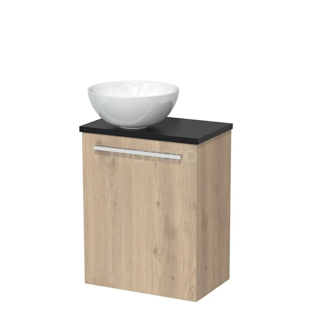 Toiletmeubel met waskom | 41 cm Lichtbruin eiken Vlak front Hoogglans wit Keramiek waskom Mat zwart blad TMK10-04771