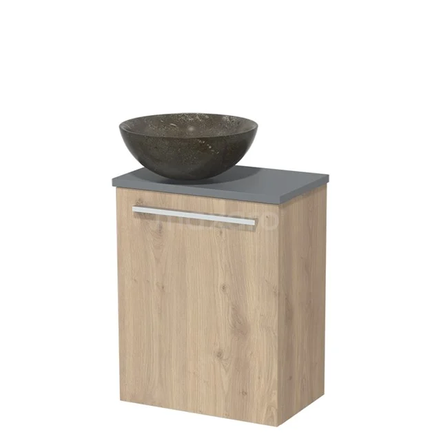 Wooden bathroom cabinet with grey top, black bowl-shaped basin, modern design, ideal for stylish bathroom storage.