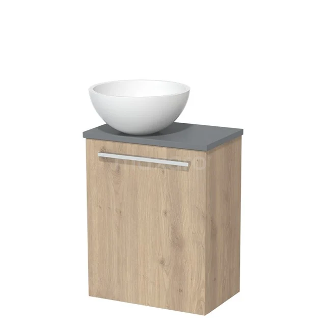Toilet unit with wash basin | 41 cm Light brown oak Flat front Matte white Solidtop wash basin Mid grey worktop TMK10-02086 Wooden bathroom cabinet with grey worktop, fitted with a white countertop wash basin; modern design, ideal for stylish bathrooms.