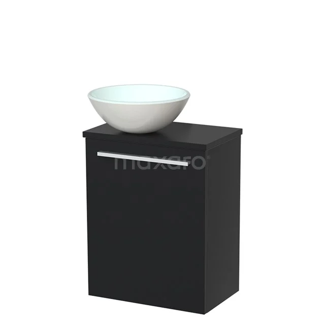 Toilet unit with wash basin | 41 cm Matte black Flat front Matte white Glass countertop wash basin Matte black worktop TMK10-00003 Black bathroom cabinet with white bowl-shaped basin, compact design series, ideal for modern bathrooms.