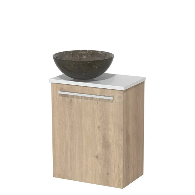 Toilet unit with wash basin | 41 cm Light brown oak Flat front Blue stone Natural stone countertop wash basin High-gloss white worktop TMK10-06431