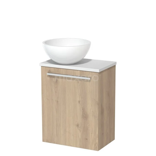 Toilet unit with wash basin | 41 cm Light brown oak Flat front High-gloss white Mineral marble basin Matte white worktop TMK10-06442