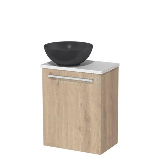 Toilet unit with wash basin | 41 cm Light brown oak Flat front Matte black Quartz wash basin Matte white worktop TMK10-06444