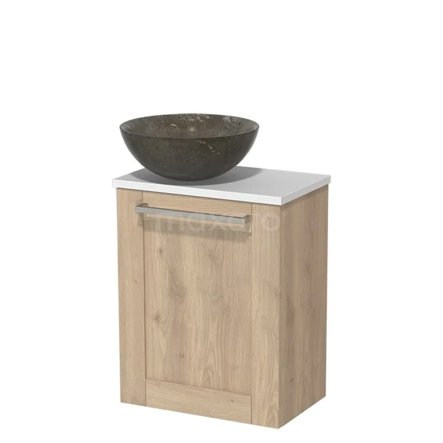 Toiletmeubel met waskom | 41 cm Lichtbruin eiken Kader front Blue stone Natuursteen waskom Mat wit blad TMK10-06446