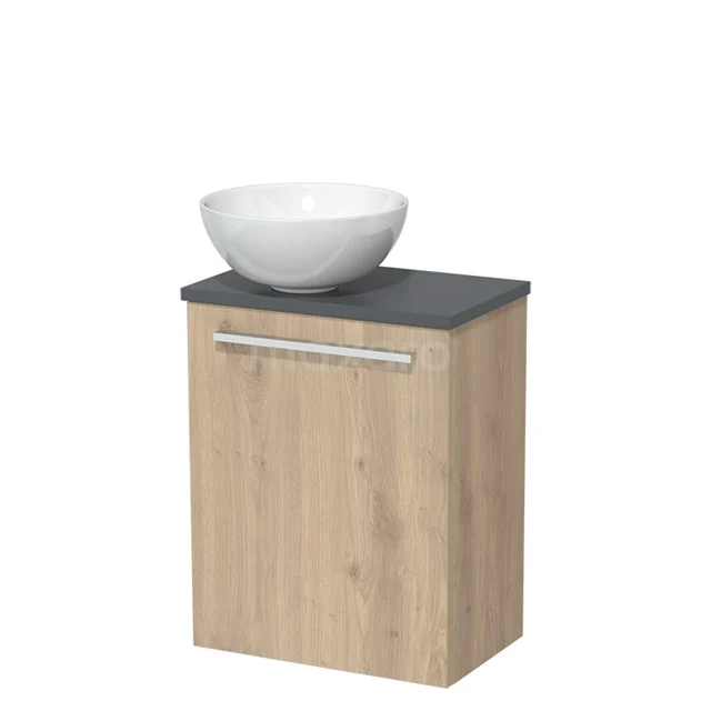 Toilet unit with wash basin | 41 cm Light brown oak Flat front High-gloss white Ceramic wash basin Dark grey worktop TMK10-06450