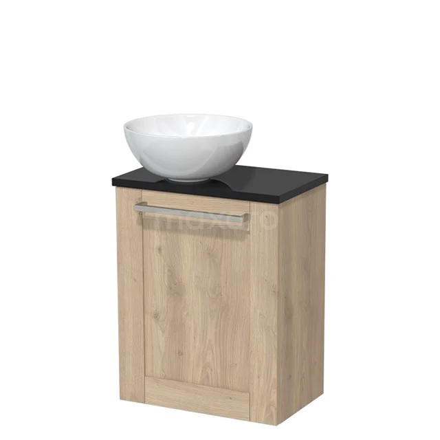 Wooden bathroom cabinet with black basin worktop and white countertop wash basin; compact design for stylish bathroom storage.