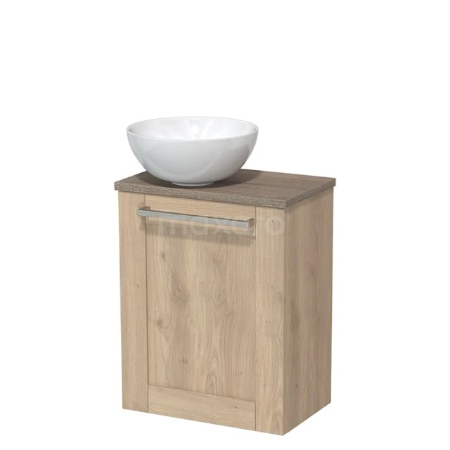 WC-Möbel mit Aufsatzwaschbecken | 41 cm Hellbraune Eiche Rahmenfront Hochglanz Weiß Keramik Aufsatzwaschbecken Platte aus Eiche TMK10-06475 Hölzerner Badschrank mit Aufsatzwaschbecken, helle Eiche Farbe, kompaktes Design, perfekt für kleine Bäder.