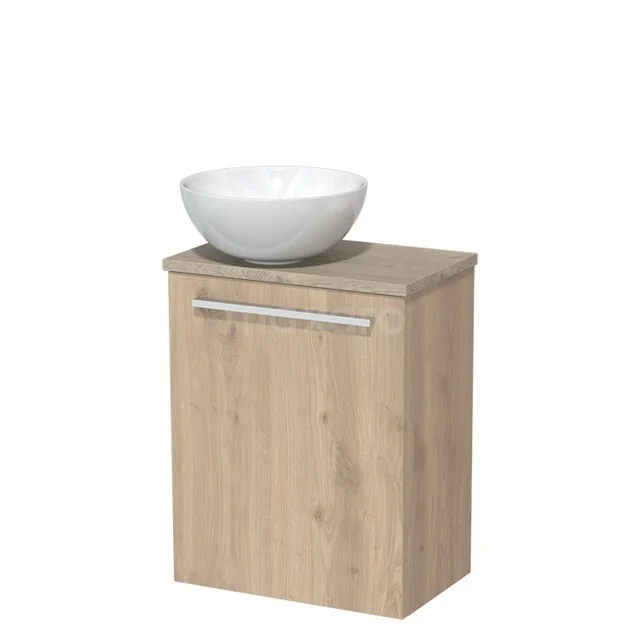 WC-Möbel mit Aufsatzwaschbecken | 41 cm Hellbraune Eiche Glatte Front Hochglanz Weiß Aufsatzwaschbecken aus Keramik Hellgraue Eiche Platte TMK10-06480 Holz-Badschrank mit keramischem Aufsatz-Waschbecken, natürliche Eichen-Oberfläche, ideal für moderne Badezimmergestaltung.