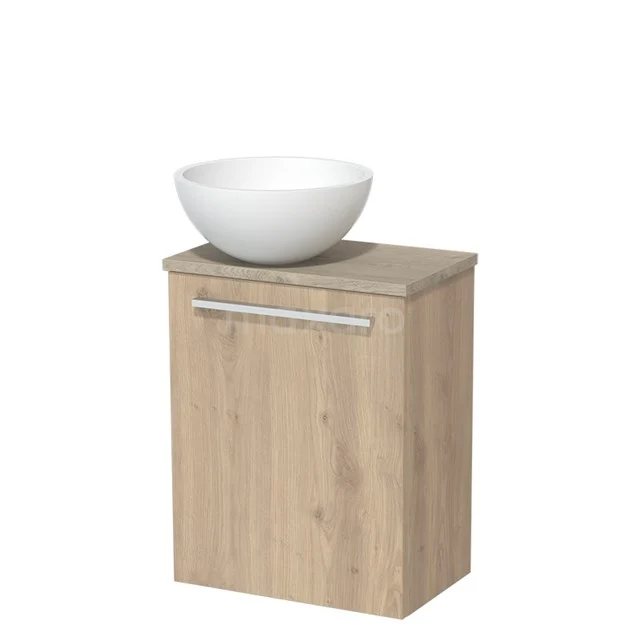 WC-Möbel mit Aufsatzwaschbecken | 41 cm hellbraune Eiche glatte Front Matt Weiß Solid Surface Aufsatzwaschbecken hellgraue Eiche TMK10-06483 Holz-Badschrank mit Schublade, beige Eiche-Optik und weißem keramischen Aufsatzwaschbecken. Kompaktes Design, ideal für moderne Bäder.