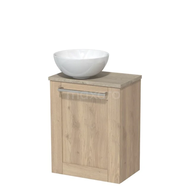 Toilet unit with countertop wash basin | 41 cm Light brown oak Frame Front High-gloss white Ceramic countertop wash basin Light grey oak worktop TMK10-06485