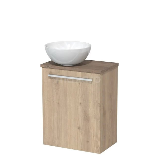 Toilet unit with wash basin | 41 cm Flat front Flat front High-gloss white Ceramic countertop wash basin Mid brown oak worktop TMK10-04587