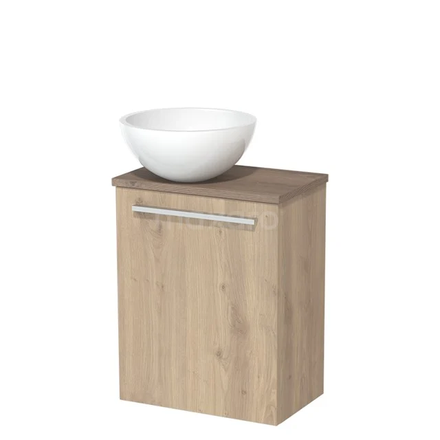 Toilet unit with countertop wash basin | 41 cm Light brown oak Flat front High-gloss white Mineral marble basin Mid brown oak worktop TMK10-04589