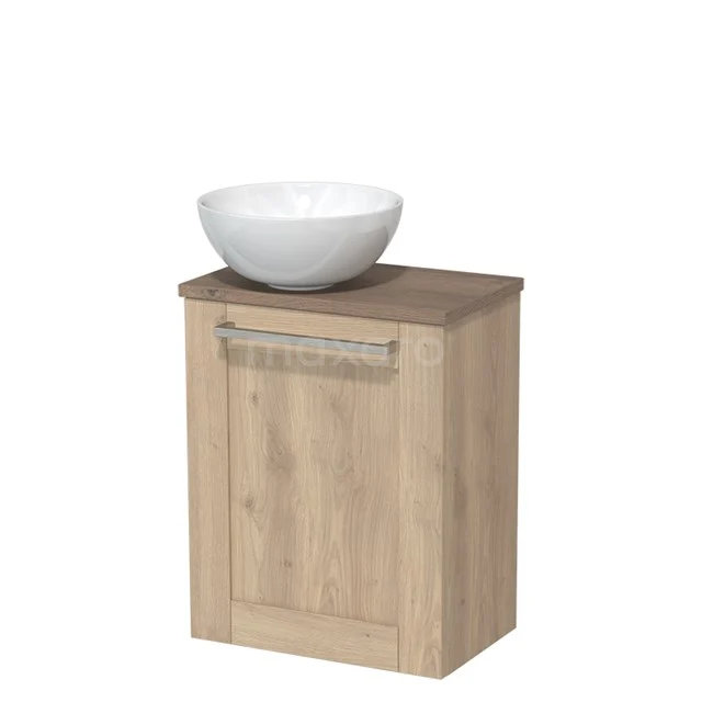 Toiletmeubel met waskom | 41 cm Lichtbruin eiken Kader front Hoogglans wit Keramiek waskom Middenbruin eiken blad TMK10-04592