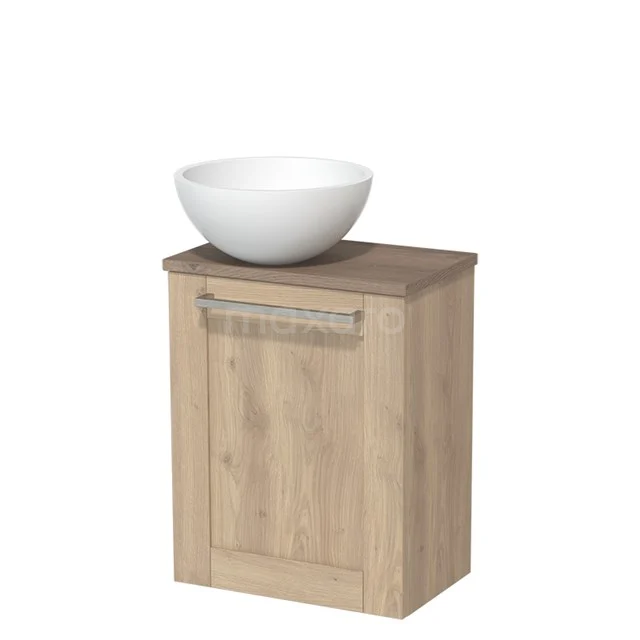 Holz Badezimmer Unterschrank mit weißem Keramik Aufsatzwaschbecken, kompaktes Design, ideal für kleine Badezimmergestaltung.