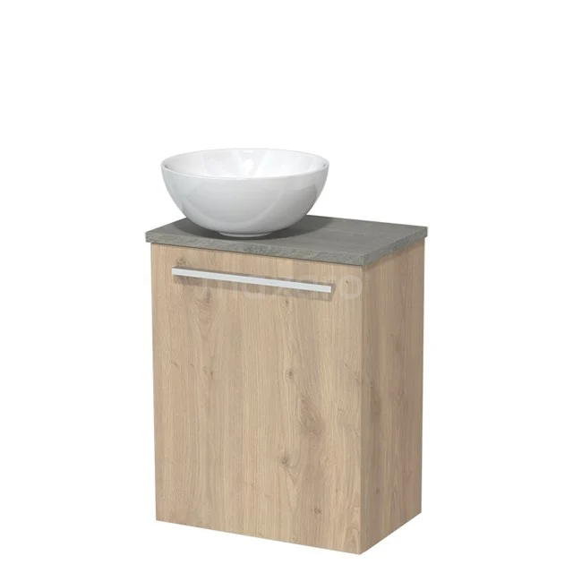 Toilet unit with wash basin | 41 cm Light brown oak Flat front High-gloss white Ceramic countertop wash basin Grey oak worktop TMK10-02173