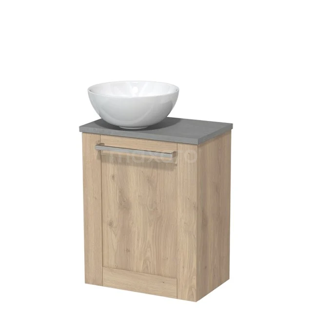 WC-Möbel mit Aufsatzwaschbecken | 41 cm Front aus hellbrauner Eiche Rahmen Hochglanz Weiß Aufsatzwaschbecken aus Keramik Platte aus hellgrauem Beton TMK10-06515 Holz-Badschrank mit grauer Oberseite und weißem keramischen Waschbecken, ideal für moderne Badezimmergestaltung.
