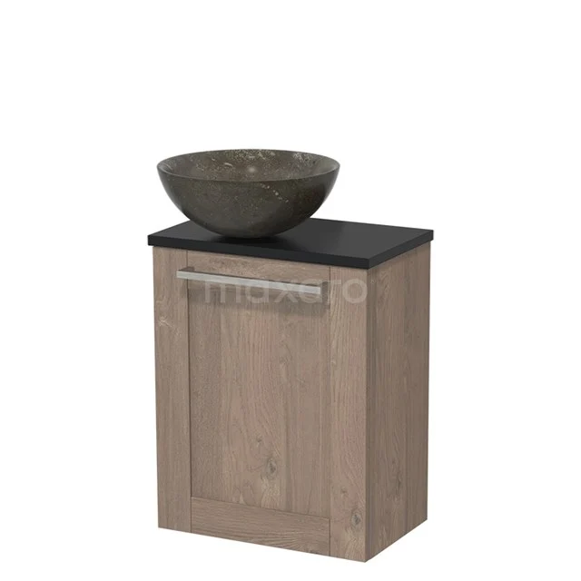 Toiletmeubel met waskom | 41 cm Middenbruin eiken Kader front Blue stone Natuursteen waskom Mat zwart blad TMK10-04787