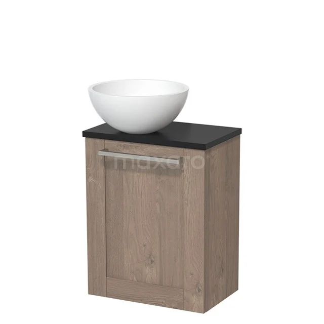 WC-Möbel mit Aufsatzwaschbecken | 41 cm Mittelbraune Eiche Rahmenfront Matt Weiß Solid Surface Aufsatzwaschbecken Matt Schwarz Platte TMK10-04789 Holz-Badmöbel mit Eiche-Look, schwarzer Platte und weißem Aufsatzwaschbecken; kompakte und stilvolle Aufbewahrungslösung.