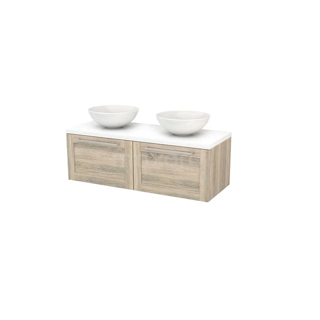 Wooden bathroom unit with two white countertop wash basins, modern design, double drawers and high-quality finish.