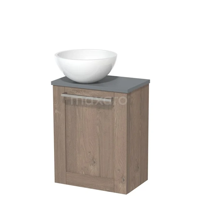 Toilet unit with countertop wash basin | 41 cm Mid brown oak Frame front High-gloss white Mineral marble countertop wash basin Mid grey worktop TMK10-02220 Wooden bathroom unit with grey worktop, modern design and white bowl-shaped sink, ideal for stylish bathroom design.