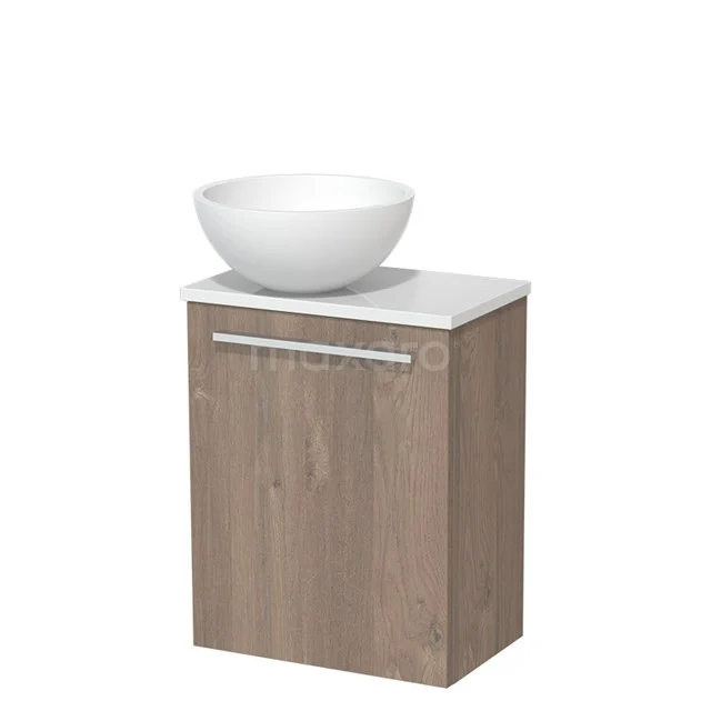 WC-Möbel mit Aufsatzwaschbecken | 41 cm Mittelbraune Eiche Glatte Front Matt Weiß Aufsatzwaschbecken Hochglanz Weiß Platte TMK10-06543 Holz Badschrank mit weißer Waschbecken, modernes Design, ideal für Platzersparnis und Stil im Badezimmer.