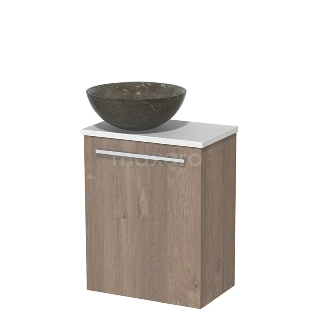 Wooden bathroom unit with light marble top and round stone countertop wash basin, compact design for modern bathroom style.
