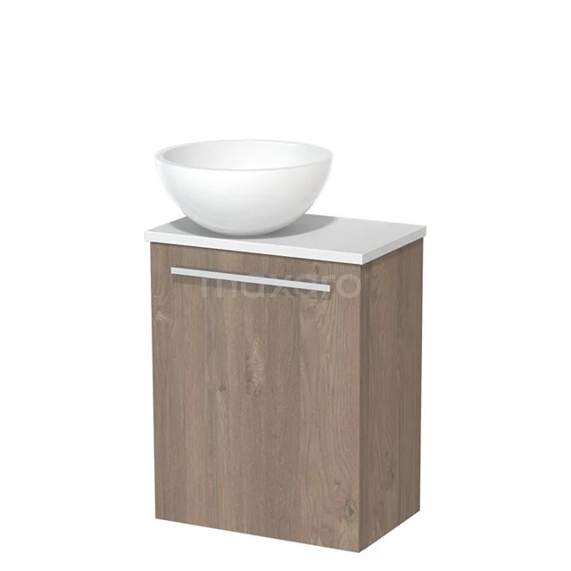 Toilet unit with wash basin | 41 cm Mid brown oak Flat front High-gloss white Mineral marble basin Matte white worktop TMK10-06552