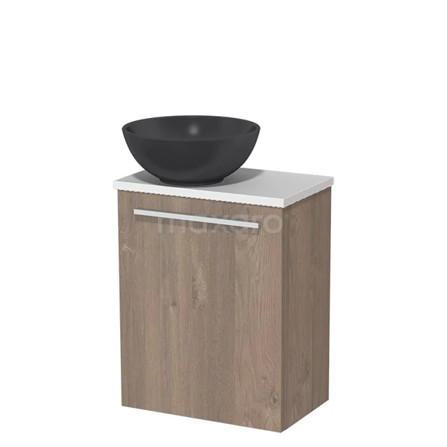 WC-Möbel mit Aufsatzwaschbecken | 41 cm Mittelbraune Eiche Glatte Front Matt Schwarz Quarz Aufsatzwaschbecken Matt Weiß Platte TMK10-06554 Holz-Badmöbel mit einem grauen Waschbecken, modernes Design, Eschenholz-Optik, ideal für zeitgemäße Bäder.