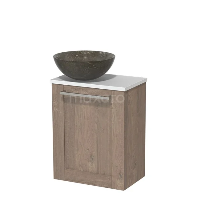 Toiletmeubel met waskom | 41 cm Middenbruin eiken Kader front Blue stone Natuursteen waskom Mat wit blad TMK10-06556