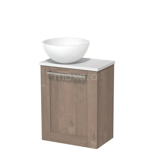 Toilet unit with countertop wash basin | 41 cm Mid brown oak Frame Front High-gloss white Mineral marble countertop wash basin Matte white worktop TMK10-02240 Wooden bathroom unit with white ceramic countertop wash basin, compact design and modern handle. Perfect for a stylish bathroom.