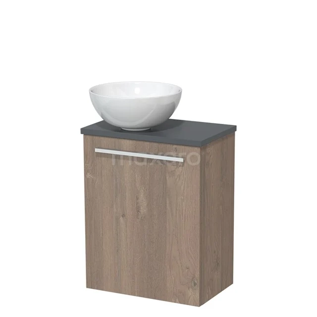 Toiletmeubel met waskom | 41 cm Middenbruin eiken Vlak front Hoogglans wit Keramiek waskom Donkergrijs blad TMK10-06560