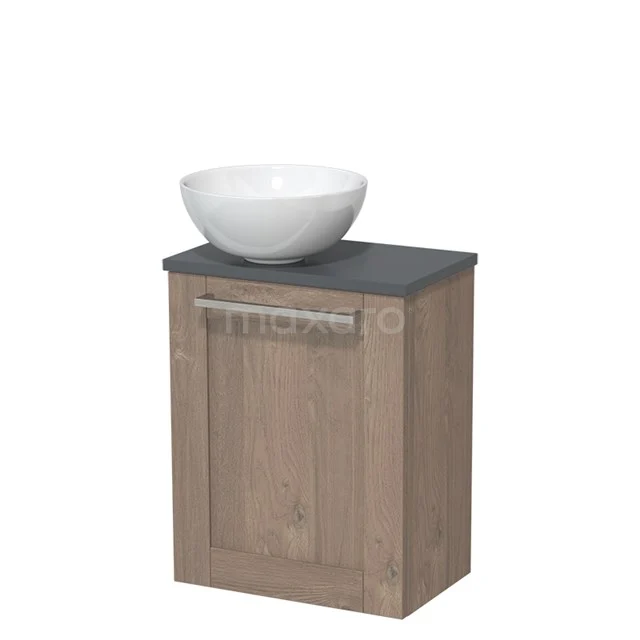 WC-Möbel mit Aufsatzwaschbecken | 41 cm Mittelbraune Eiche Rahmenfront Hochglanz Weiß Keramik-Aufsatzwaschbecken Dunkelgrau Platte TMK10-06565 Hölzerner Badschrank mit weißem Aufsatzwaschbecken, Dunkelgrau Platte und modernem Griff; kompakte und stilvolle Aufbewahrungslösung.