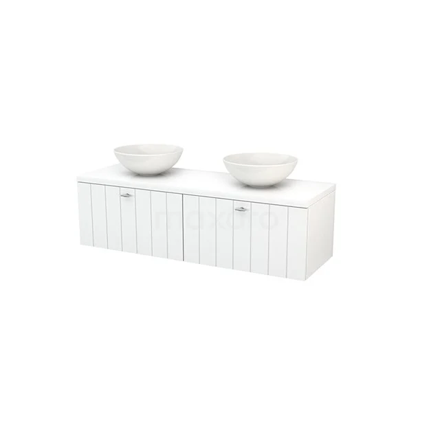 White bathroom unit with double countertop wash basins, wood look, and striped design; stylish and practical storage for the bathroom.
