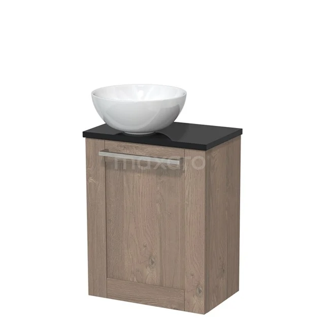 Wooden bathroom cabinet with black worktop, white ceramic countertop wash basin and black metal handle, compact design for small bathrooms.