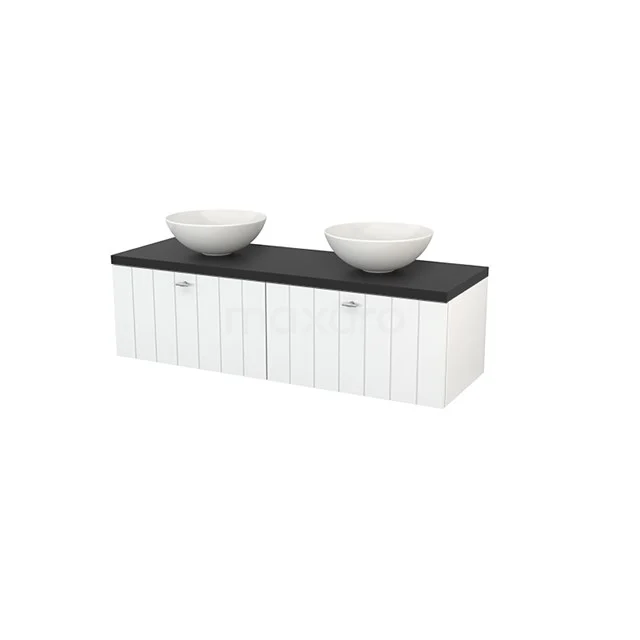 White suspended bathroom unit with black stone worktop and two round vanity units for countertop wash basins, ideal for a modern bathroom style.
