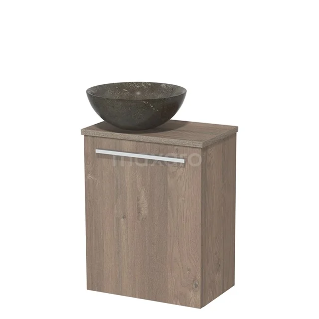 Toiletmeubel met waskom | 41 cm Middenbruin eiken Vlak front Blue stone Natuursteen waskom Eiken blad TMK10-06581