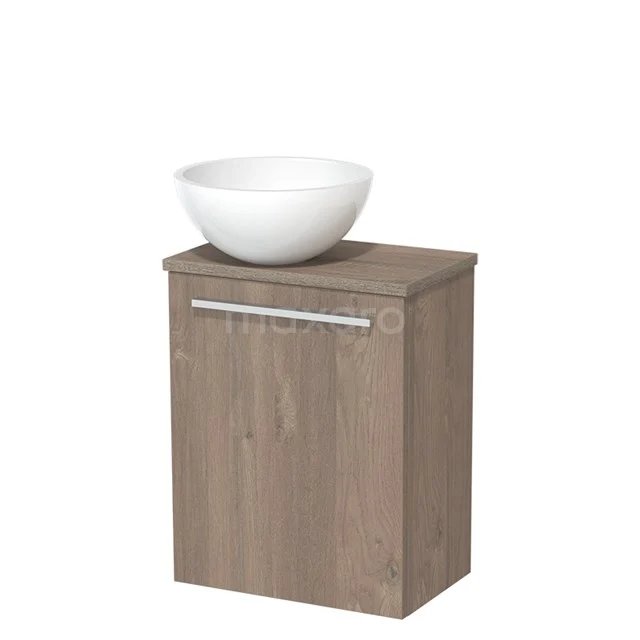 Toiletmeubel met waskom | 41 cm Middenbruin eiken Vlak front Hoogglans wit Mineraalmarmer waskom Eiken blad TMK10-06582