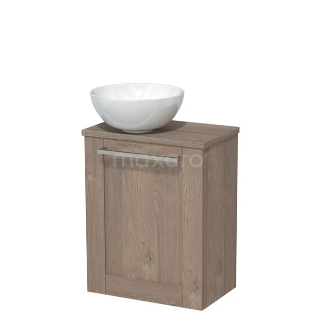 WC-Möbel mit Aufsatzwaschbecken | 41 cm Mittelbraune Eiche Rahmenfront Hochglanz Weiß Keramik Aufsatzwaschbecken Platte aus Eiche TMK10-06585 Holz-Badschrank mit einem modernen weißen keramischen Waschbecken, kompaktes Design ideal für kleine Bäder.