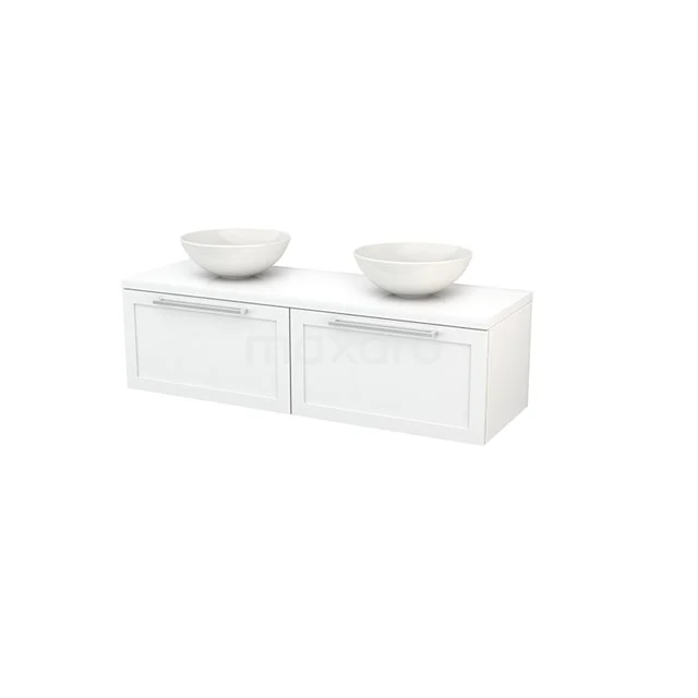 Modulo+ Plato Vanity units for countertop basin | 140 cm High-gloss white Frame front High-gloss white worktop 2 Side-by-side drawers BMK002182 White suspended bathroom unit with two ceramic countertop wash basins, sleek drawers and modern design for stylish bathroom layout.