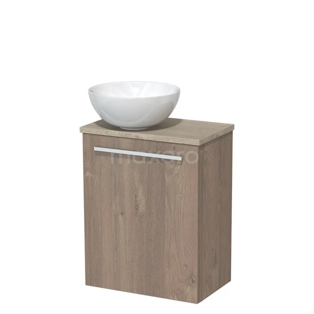 Toilet unit with wash basin | 41 cm Mid brown oak Flat front High-gloss white Ceramic basin Light grey oak worktop TMK10-06590