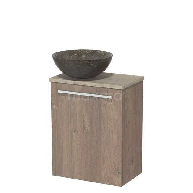 Toilet unit with wash basin | 41 cm Mid brown oak Flat front Blue stone Natural stone countertop wash basin Light grey oak worktop TMK10-06591
