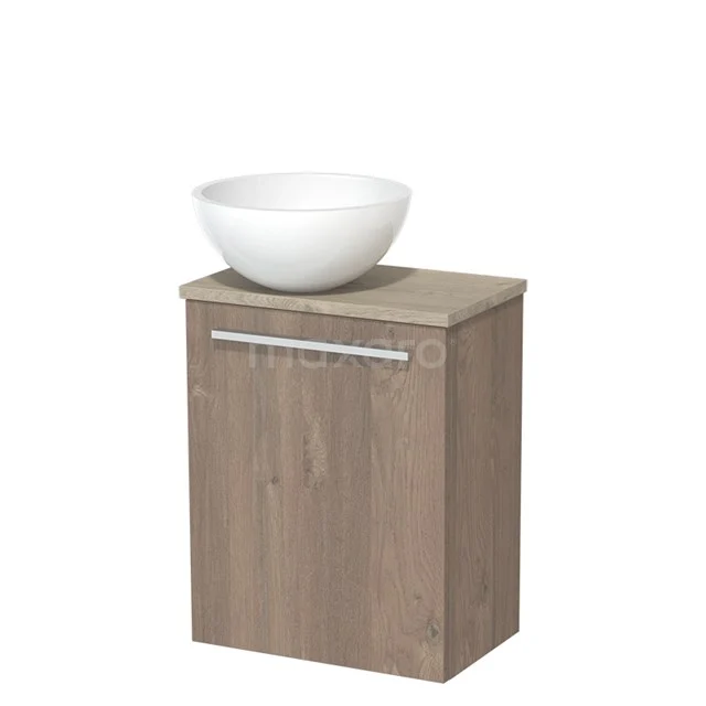 Holz-Badschrank mit weißem Aufsatzwaschbecken, kompaktes Design, ideal für moderne Bäder.