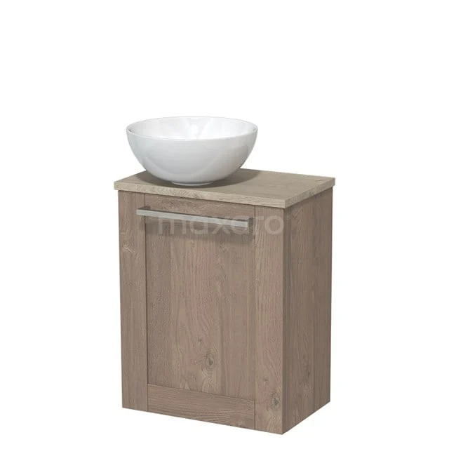 WC-Möbel mit Aufsatzwaschbecken | 41 cm Mittelbraune Eiche Rahmenfront Hochglanz Weiß Keramik-Aufsatzwaschbecken Hellgraue Eiche Platte TMK10-06595 Holz-Badschrank mit modernem weißen Aufsatzwaschbecken, kompaktes Design für kleines Badezimmer, mit silberfarbenem Griff.